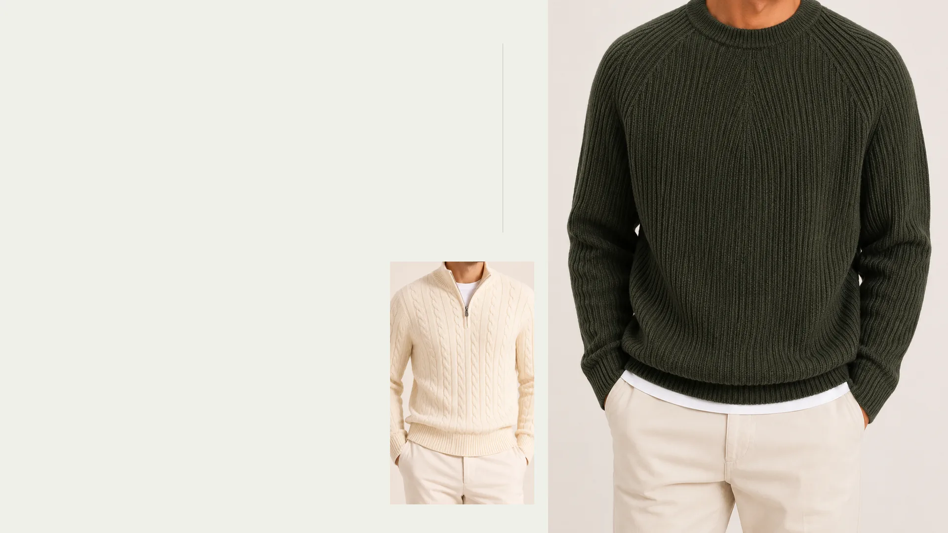 A forest-green ribbed knit beside a light half-zip knit. Finley Brook editorial composition.